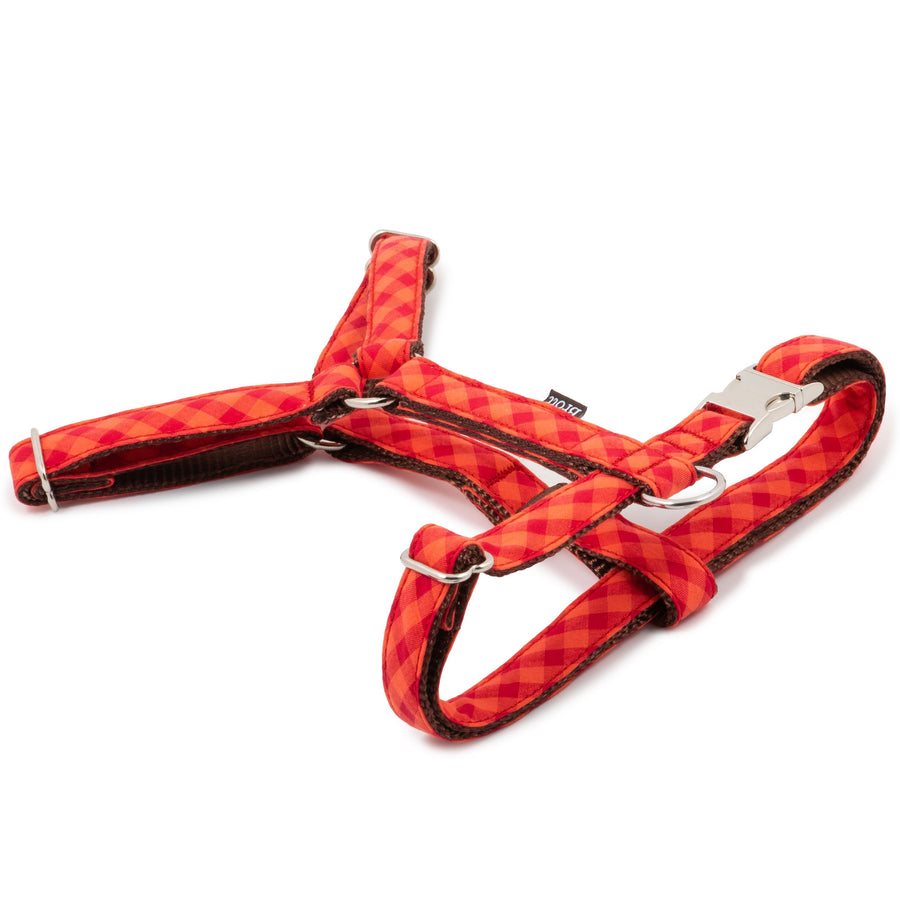 Arnés para perro Granada de Brott con estampado Vichy rojo y granate, diseño forma H cómodo y ajustable