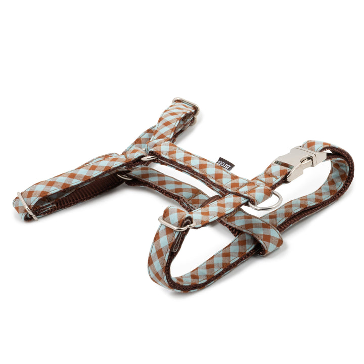 Arnés para perro Josa de Brott con estampado Vichy azul y marrón y diseño forma H