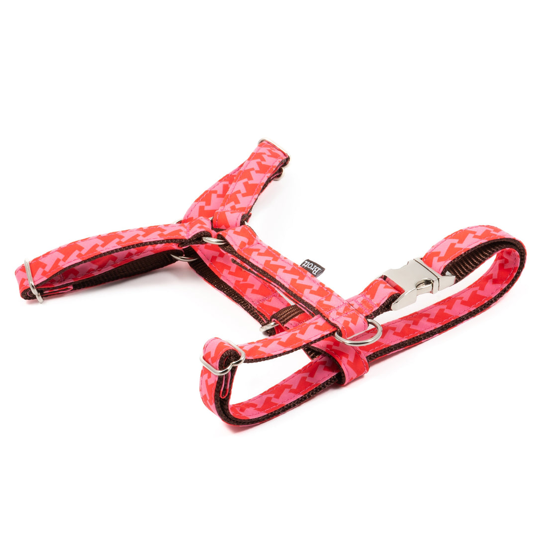 Arnés para perro Brott modelo Miralles con estampado Vichy blanco y rojo, forma H y fabricación artesanal en España