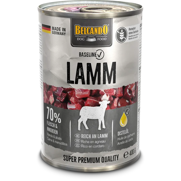 Lata de comida húmeda Belcando Baseline de cordero para perros adultos 400 g