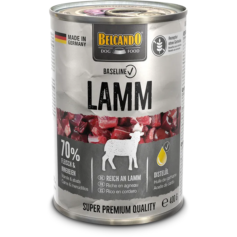Lata de comida húmeda Belcando Baseline de cordero para perros adultos 400 g