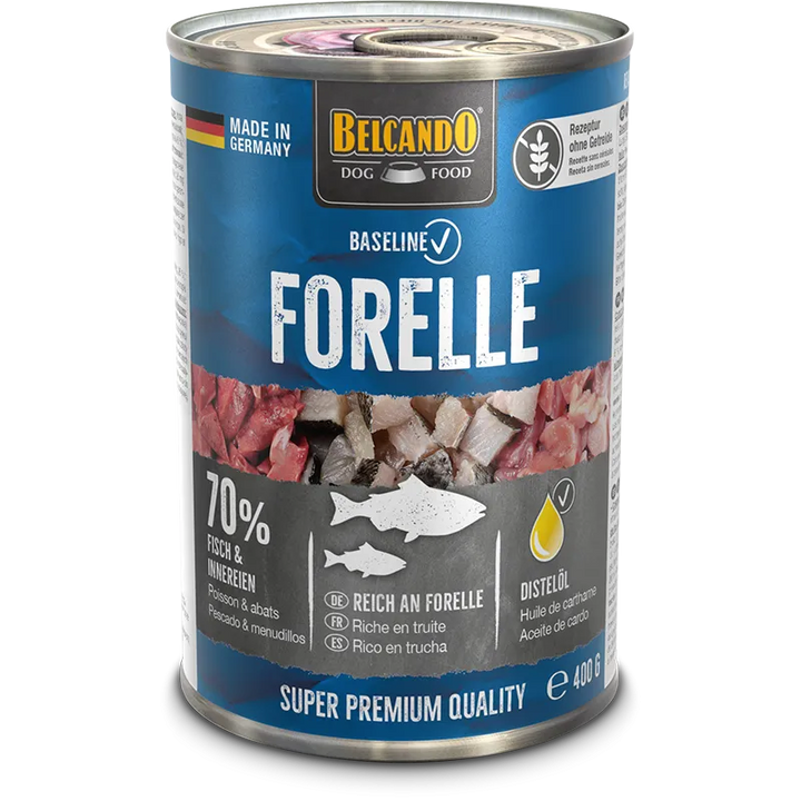 Lata de comida húmeda Belcando Baseline Forelle 400 g con trucha para perros adultos