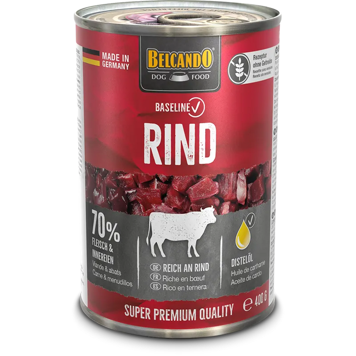 Lata de comida húmeda Belcando Baseline RIND de ternera para perros adultos 400 g