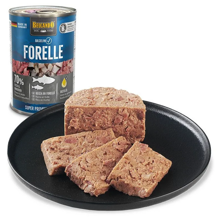 Comida húmeda Belcando Forelle con trucha fresca servida en plato para perros