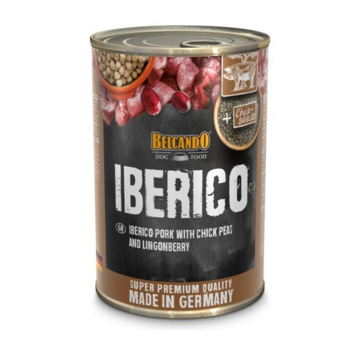 Lata de comida húmeda Belcando Ibérico con garbanzos y arándanos rojos para perros adultos, receta sin cereales