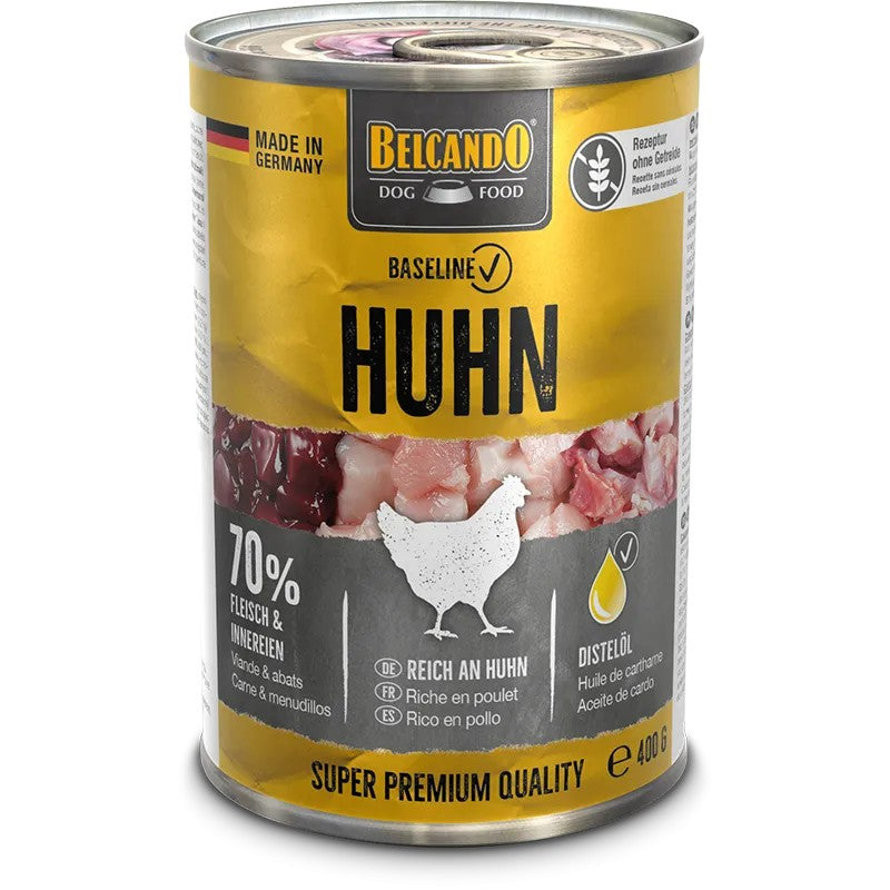 Lata de comida húmeda Belcando Baseline de pollo 400 g para perros adultos, rica en carne y altamente digestible