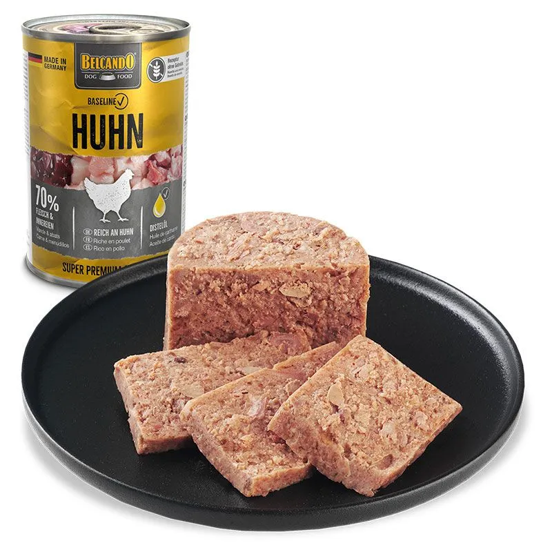 Detalle del alimento húmedo Belcando de pollo 400 g con textura natural y alto contenido en carne