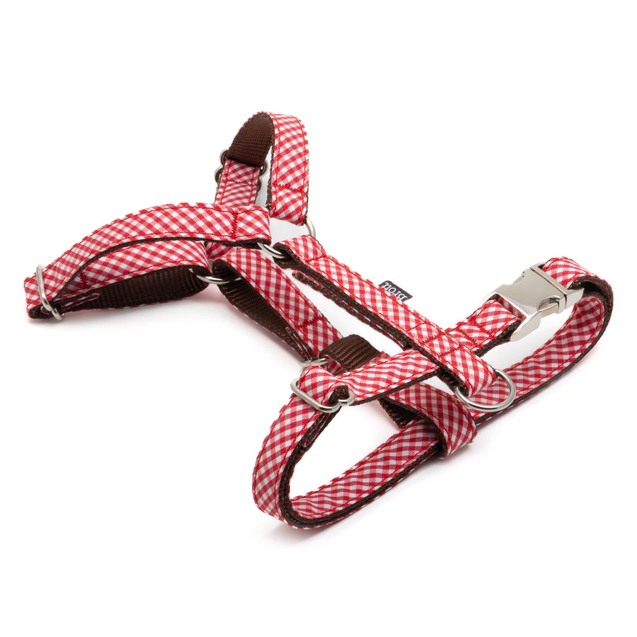 Arnés rojo de cuadros vichy para perro Brott Barcelona, ajustable y con hebilla metálica, ideal para paseos seguros y elegantes