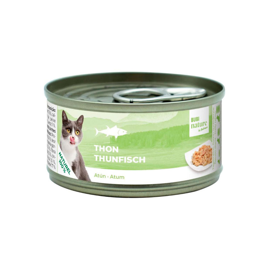 Detalle del alimento complementario Bubi Nature de atún para gatos elaborado con ingredientes 100 % naturales