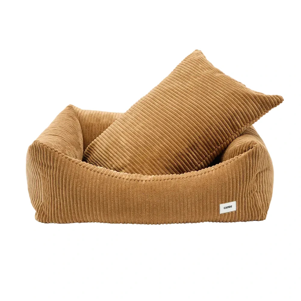 Cama para perro desenfundable CAFIDE en pana color mostaza con textura afelpada