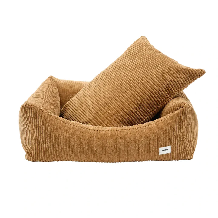 Cama para perro desenfundable CAFIDE en pana color mostaza con textura afelpada