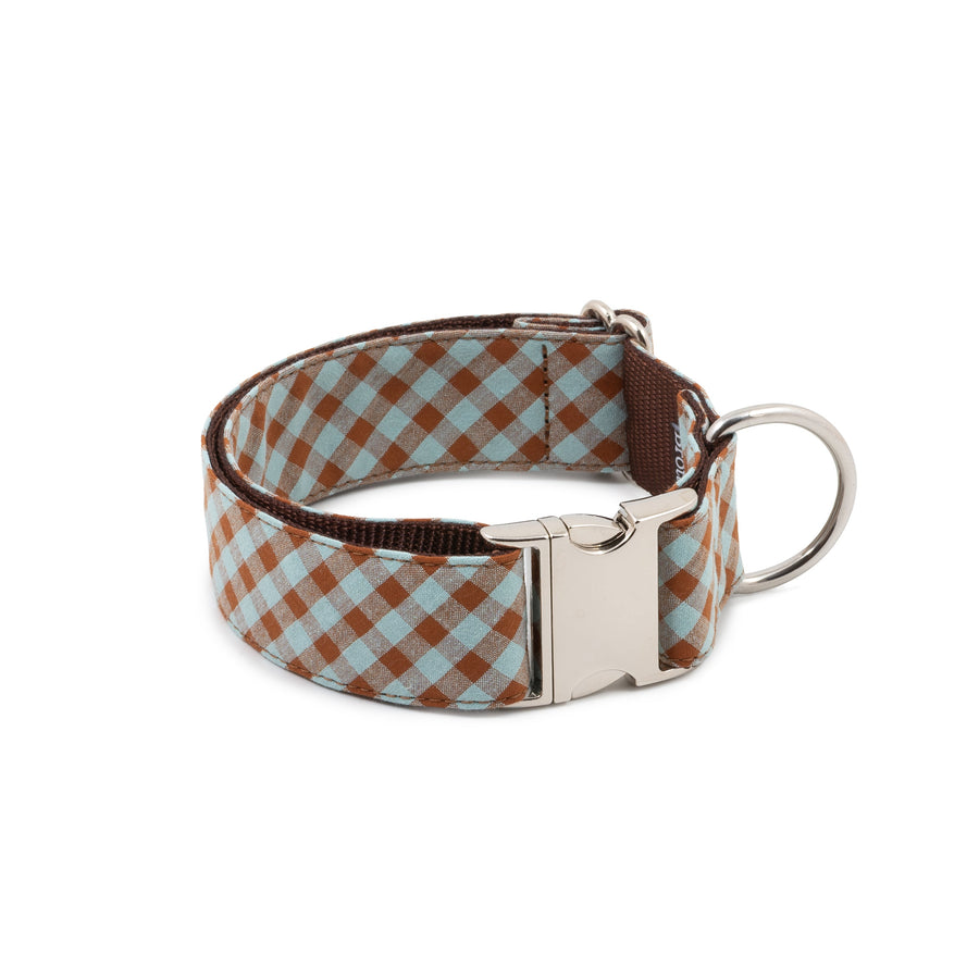 Collar artesanal para perro Brott modelo Josa en tonos azul y marrón con cierre de aluminio y anilla metálica
