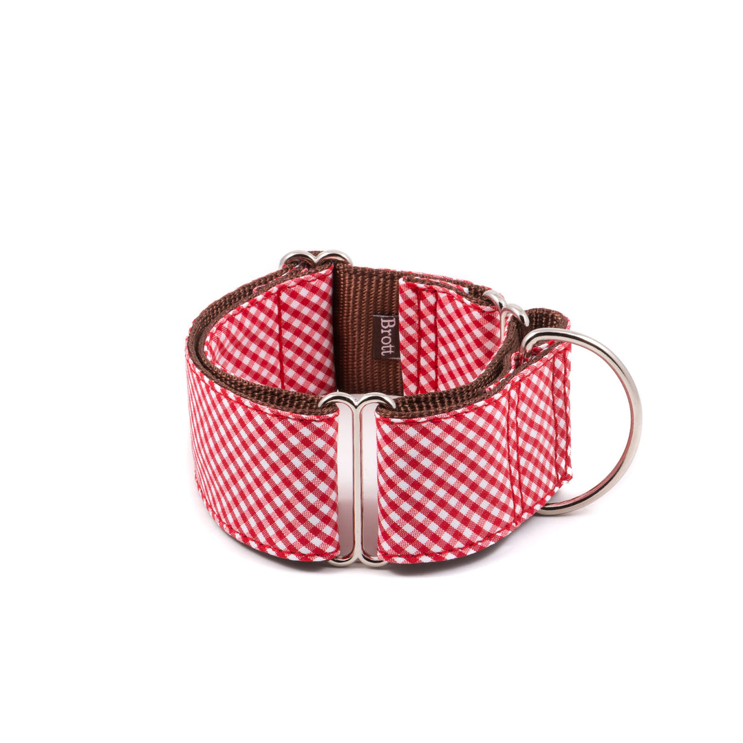 Collar artesanal para perro Brott modelo Miralles en tonos rojo y rosa con cierre de aluminio y anilla metálica