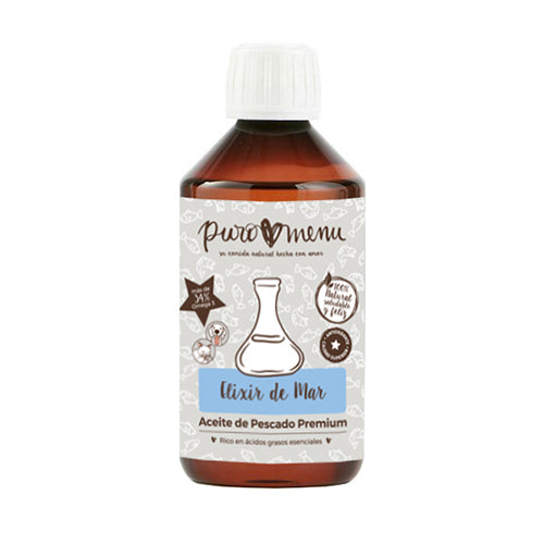 Botella de Elixir de Mar de Puromenu, aceite de pescado premium rico en Omega 3 EPA y DHA para perros y gatos
