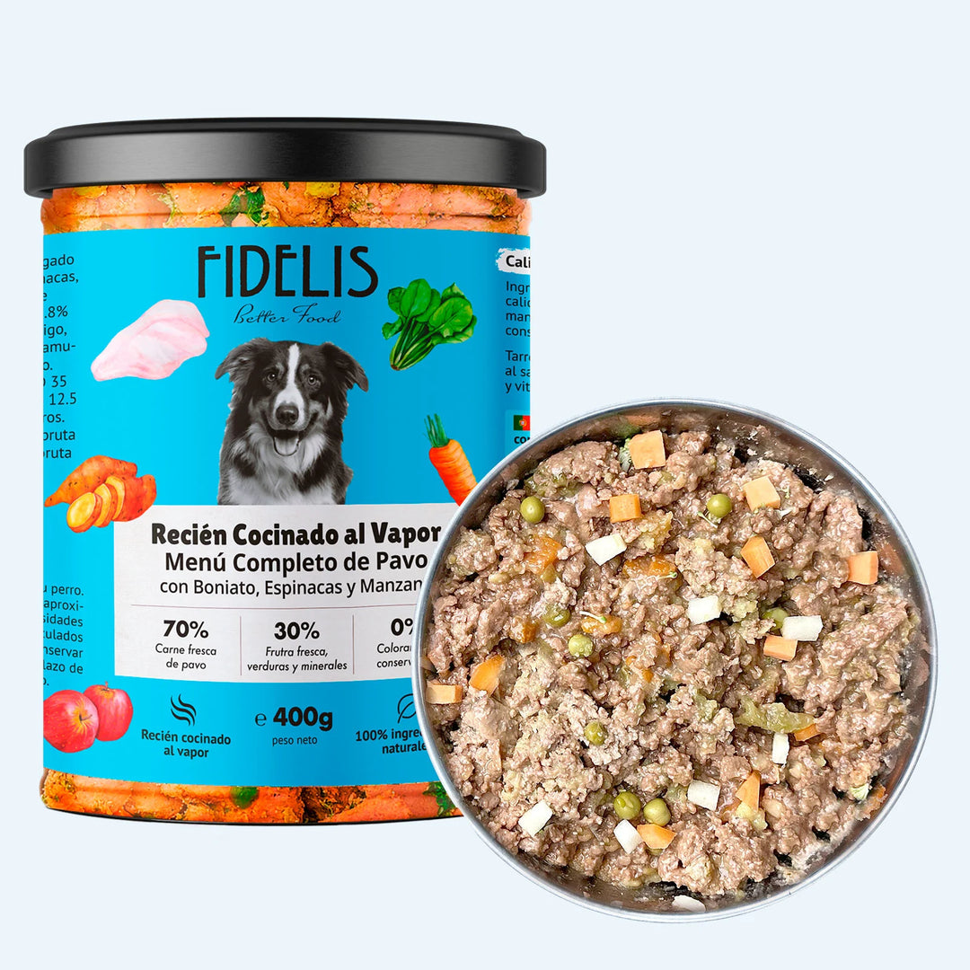 Bote de cristal de la marca fidelis con comida cocinada para perro de sabor pavo con boniato 