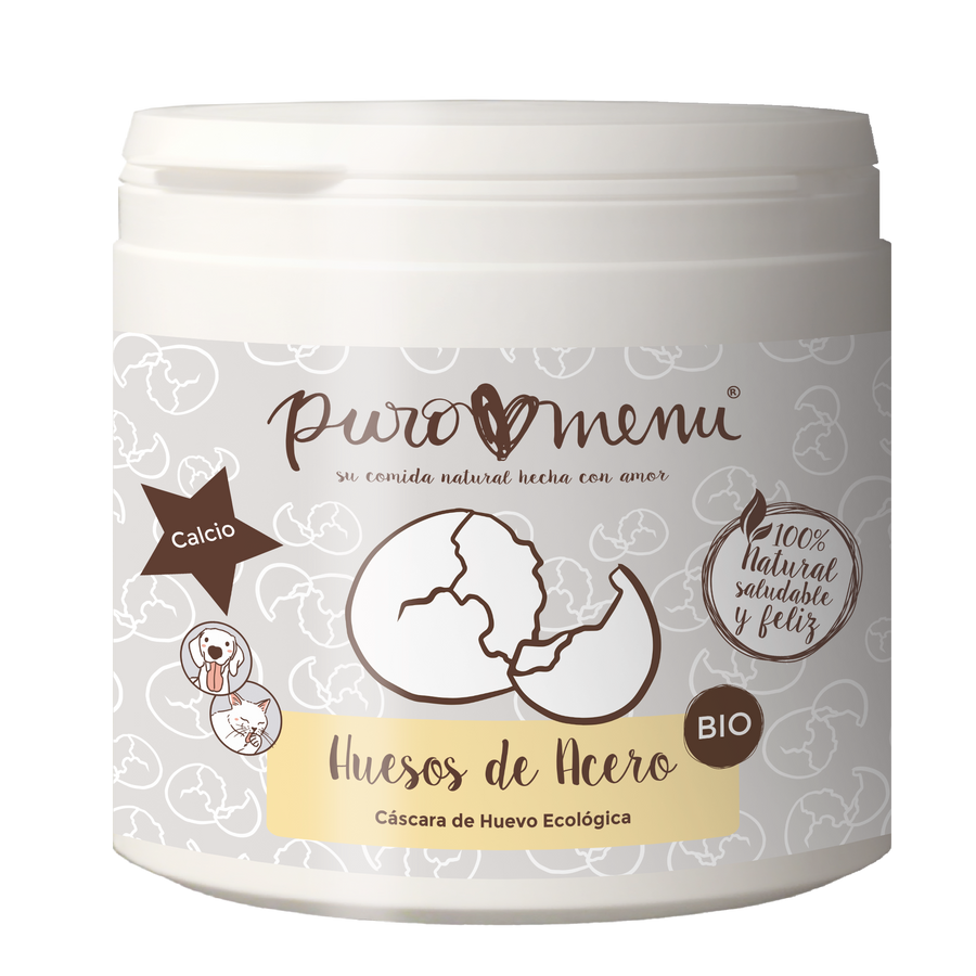 Bote de Huesos de Acero BIO de Puromenu, suplemento de calcio natural elaborado con cáscara de huevo ecológica para perros y gatos