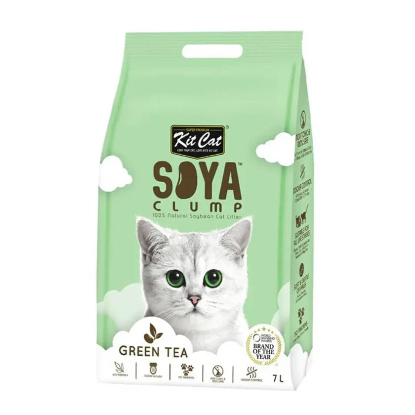 Arena vegetal biodegradable de soja con fragancia fresca y herbal, alta absorción, control de olores y rendimiento prolongado para el día a día.