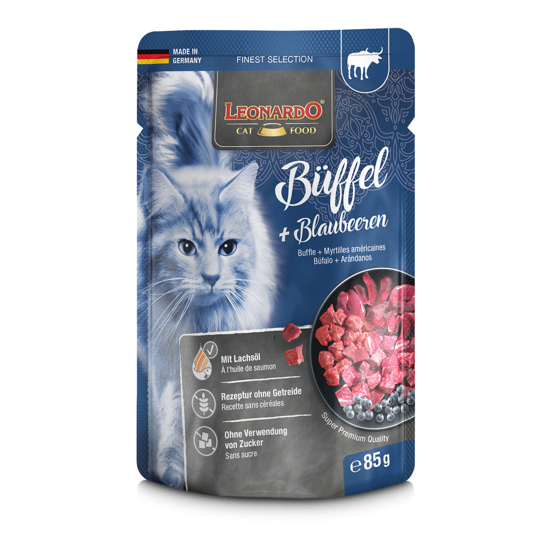 Comida húmeda para gatos LEONARDO Búfalo con Arándanos en pouch de 85 g