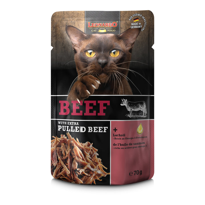 Comida húmeda para gatos LEONARDO Beef with Extra Pulled Beef en sobre de 70 g, ternera con carne desmenuzada y aceite de salmón