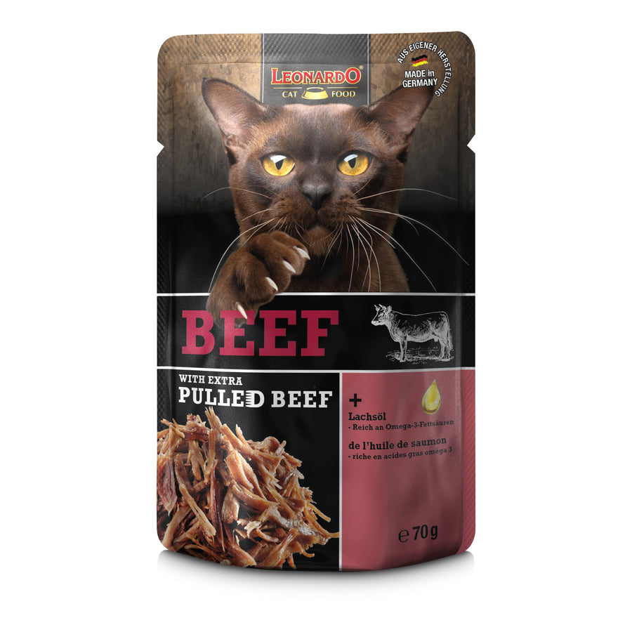 Comida húmeda para gatos LEONARDO Beef with Extra Pulled Beef en sobre de 70 g, ternera con carne desmenuzada y aceite de salmón