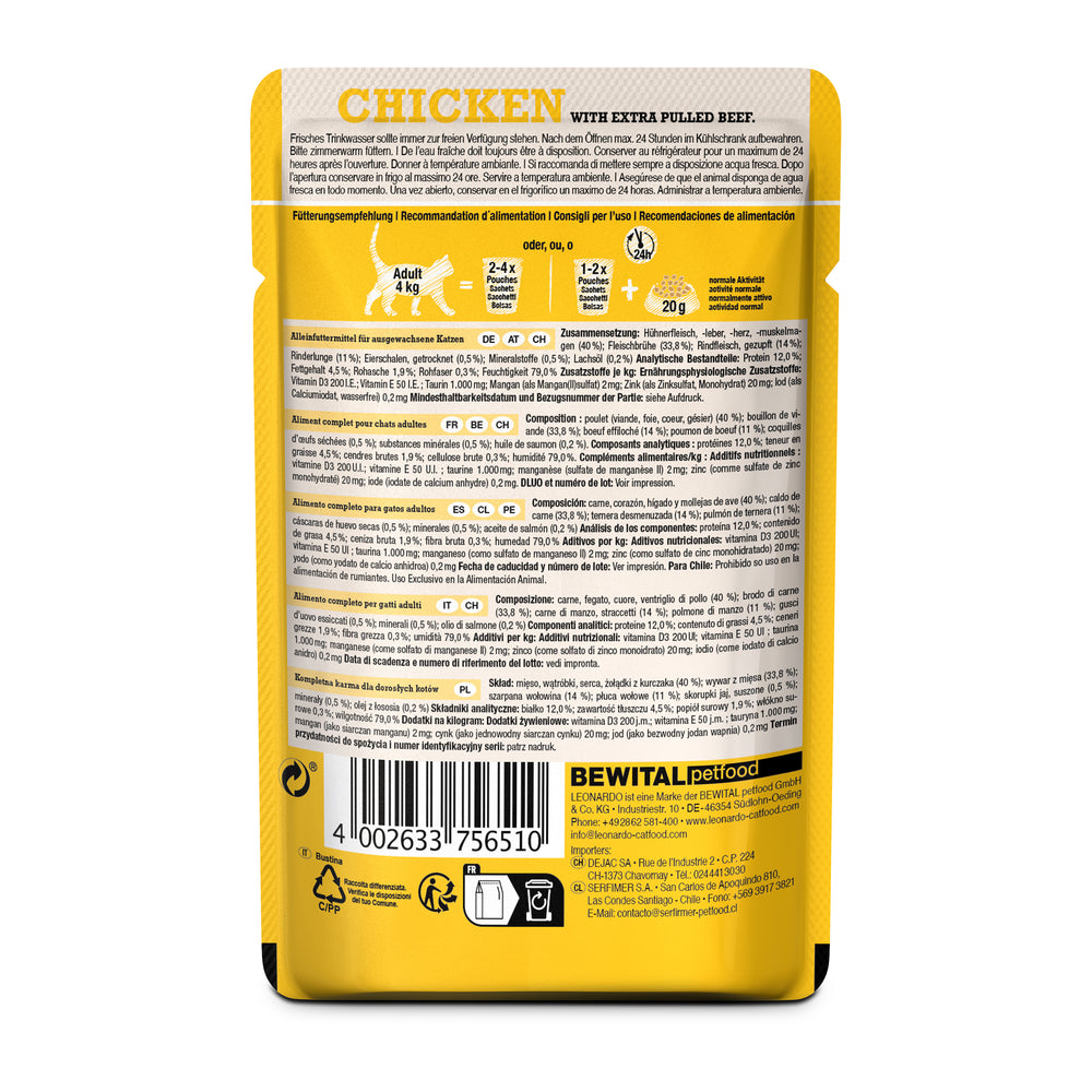 Ingredientes y composición de la comida húmeda para gatos LEONARDO Chicken with Extra Pulled Beef con pollo y ternera desmenuzada
