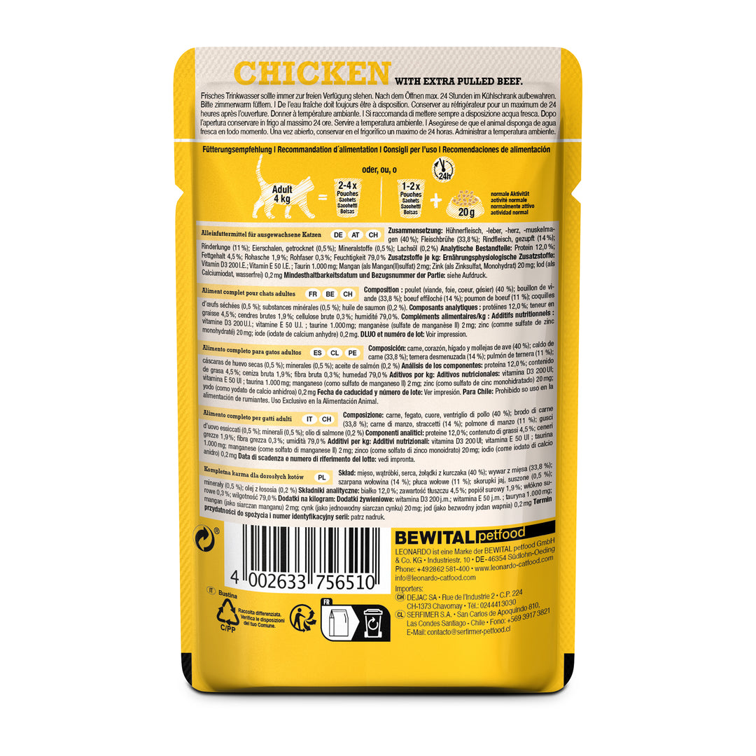 Ingredientes y composición de la comida húmeda para gatos LEONARDO Chicken with Extra Pulled Beef con pollo y ternera desmenuzada