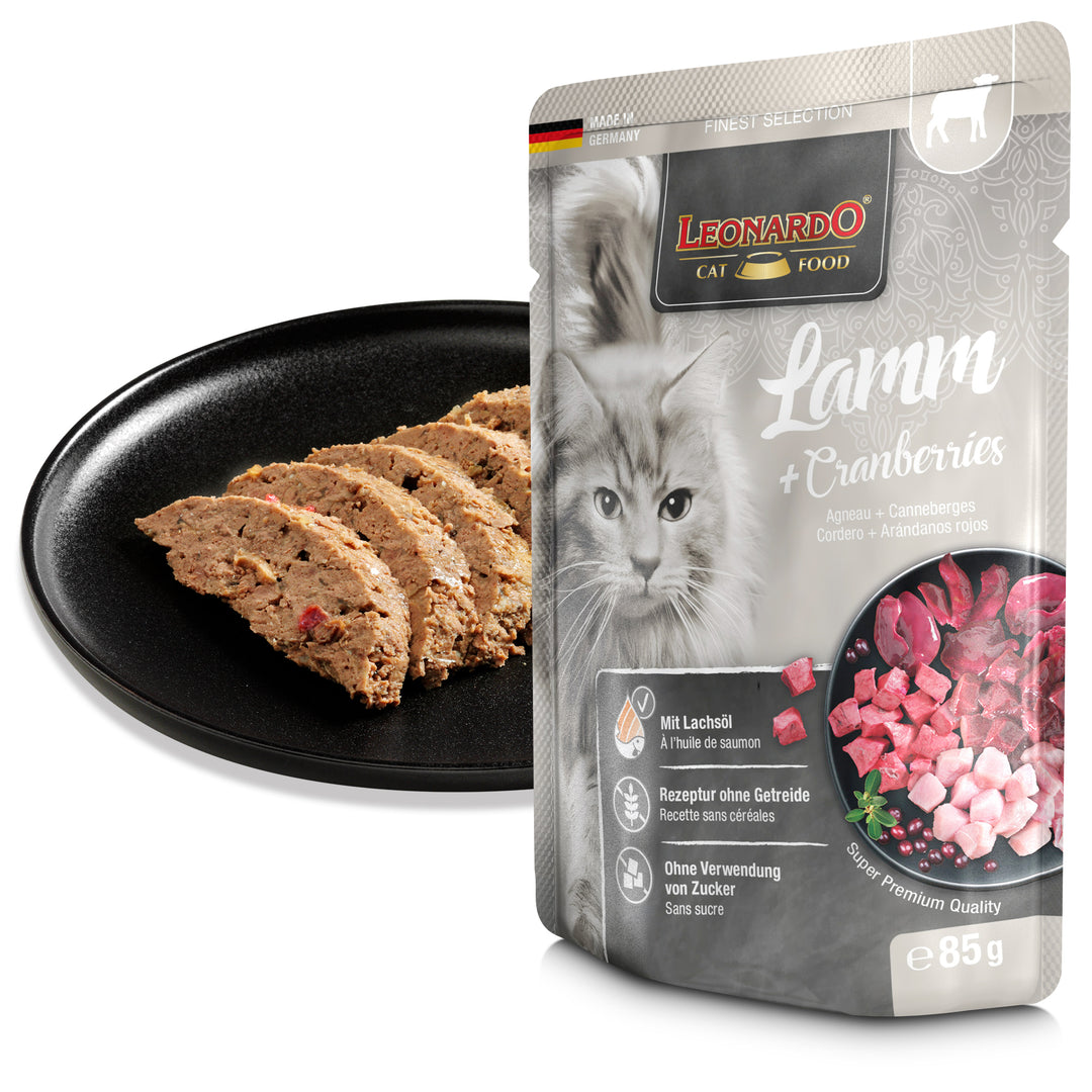 Comida húmeda para gatos LEONARDO Cordero y Arándanos textura natural premium