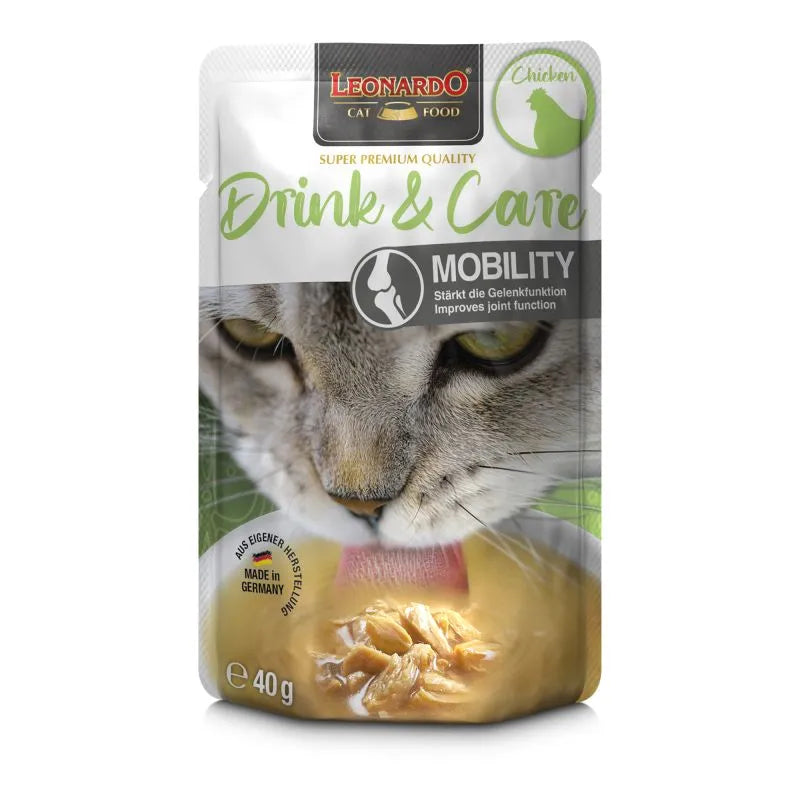 Envase de LEONARDO Drink & Care Mobility, bebida funcional para gatos con pollo y colágeno para la movilidad