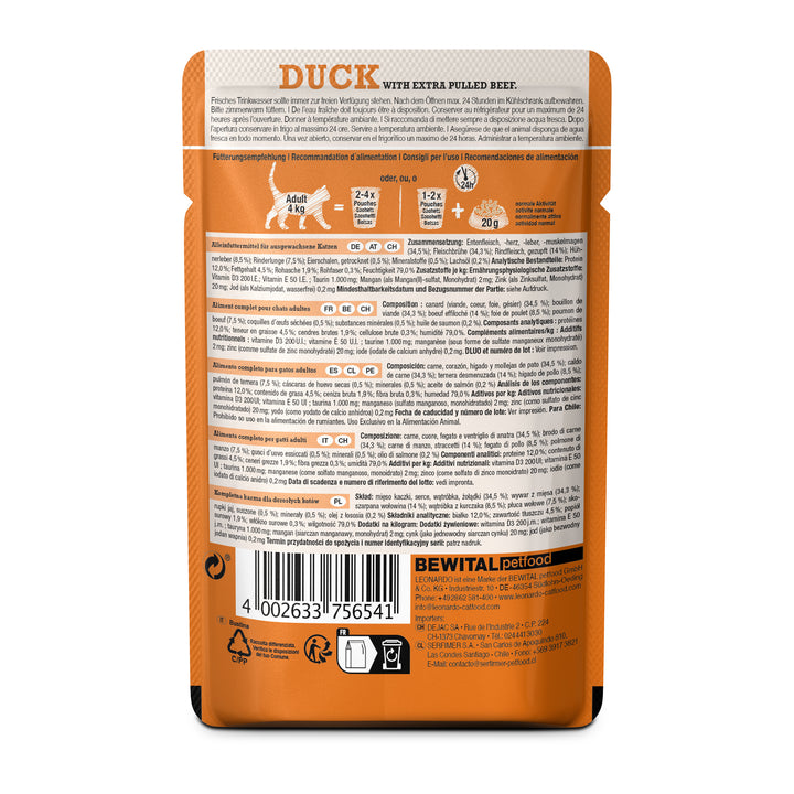 Ingredientes y composición de la comida húmeda para gatos LEONARDO Duck with Extra Pulled Beef con pato y ternera desmenuzada