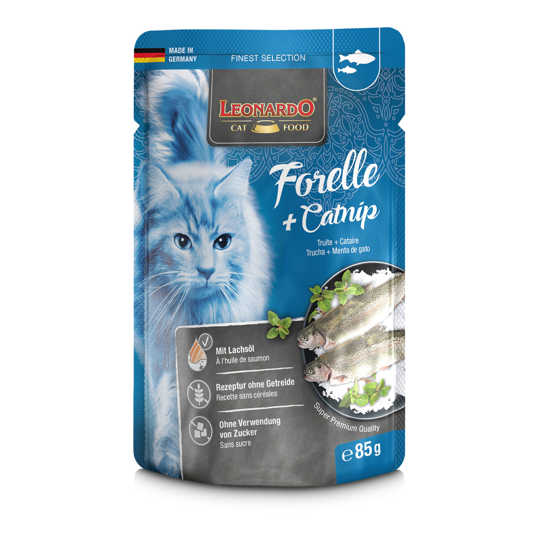 Comida húmeda LEONARDO Forelle + Catnip para gatos adultos con trucha y menta de gato 85 g
