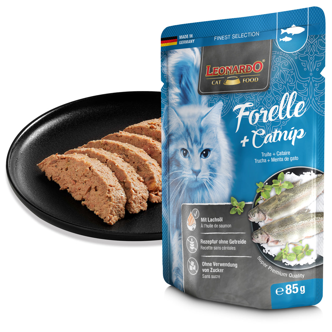 Textura de la comida húmeda LEONARDO Forelle + Catnip con trucha y catnip para gatos