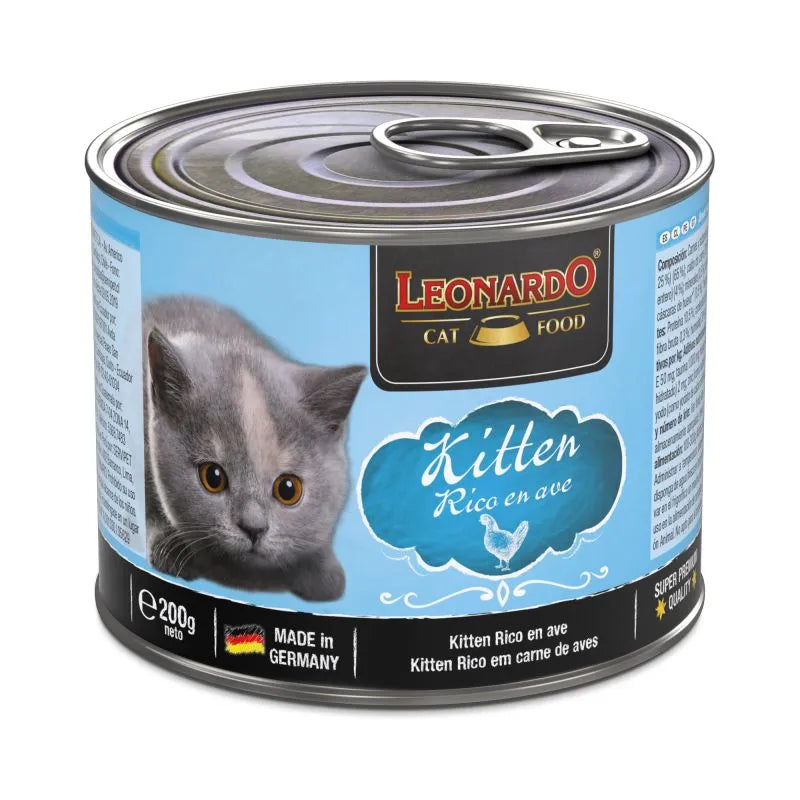 Lata de comida húmeda LEONARDO Kitten Ave para gatitos, receta con ave y carne fresca, 400 g