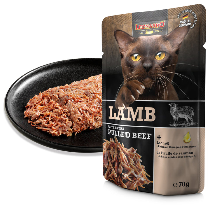 Textura de la comida húmeda para gatos LEONARDO Lamb with Extra Pulled Beef servida en plato, cordero con ternera desmenuzada