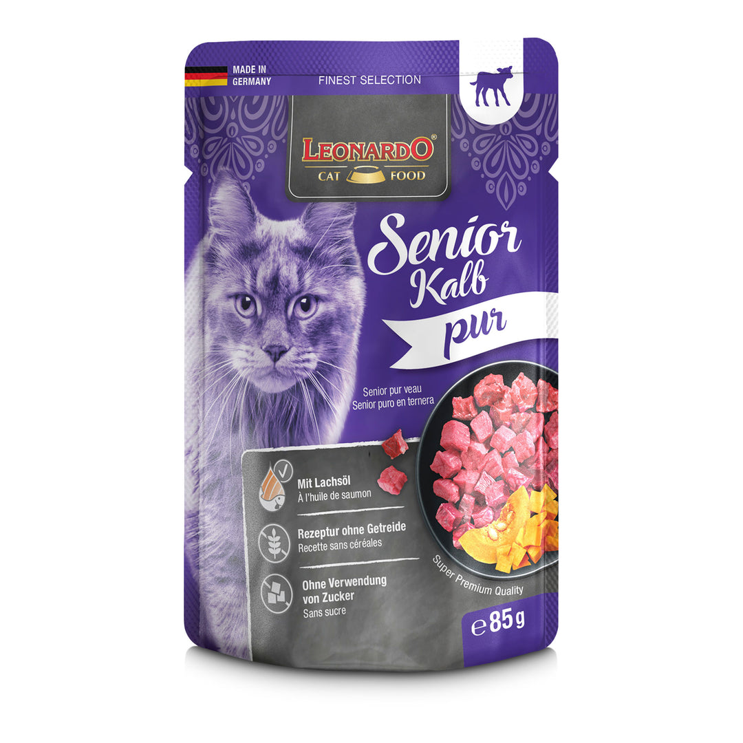 Comida húmeda para gatos senior LEONARDO Senior Kalb Pur de ternera en pouch de 85 g