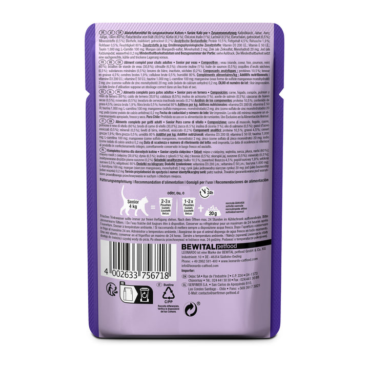 Parte trasera del pouch LEONARDO Senior Kalb Pur con composición y análisis nutricional