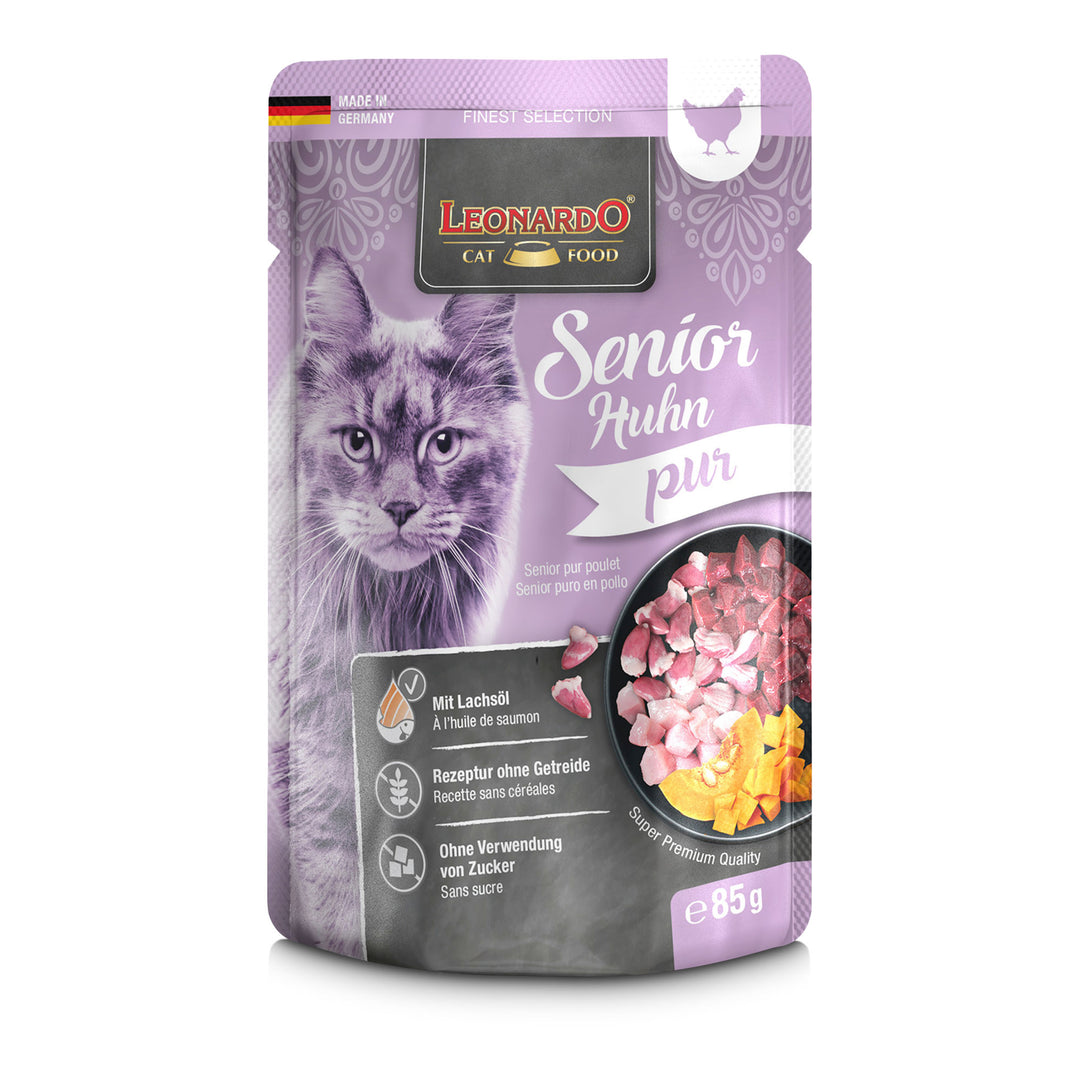 Comida húmeda LEONARDO Senior Pollo Pur para gatos senior con pollo y calabaza, pouch de 85 g