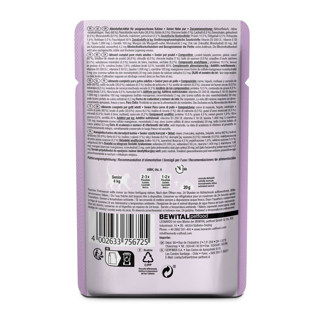 Parte trasera del pouch LEONARDO Senior Pollo Pur con composición y valores nutricionales