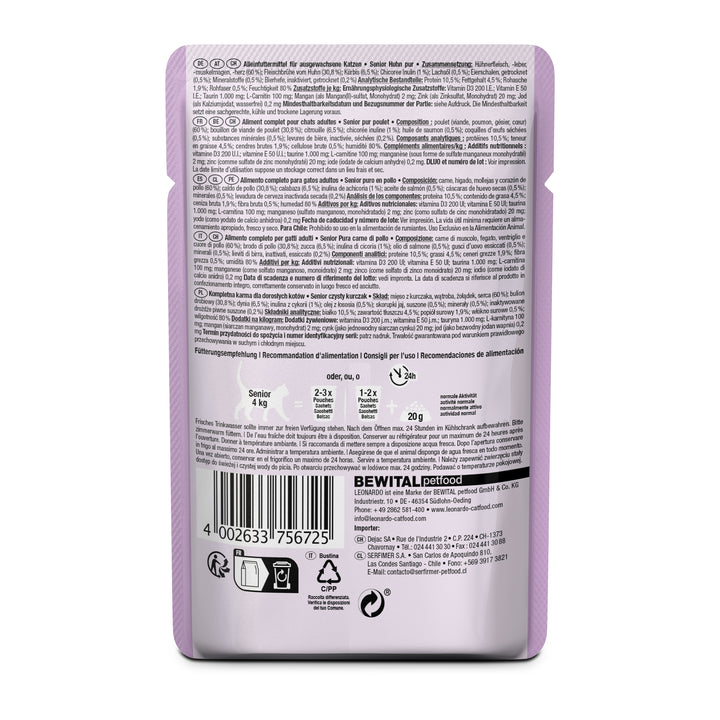Parte trasera del pouch LEONARDO Senior Pollo Pur con composición y valores nutricionales