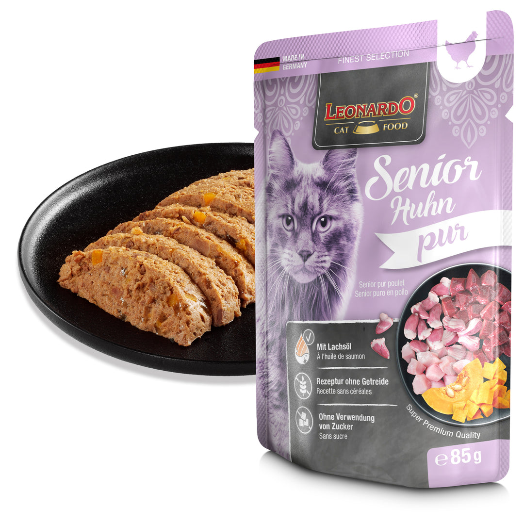 Comida húmeda LEONARDO Senior Pollo Pur servida, textura suave con pollo y calabaza para gatos mayores