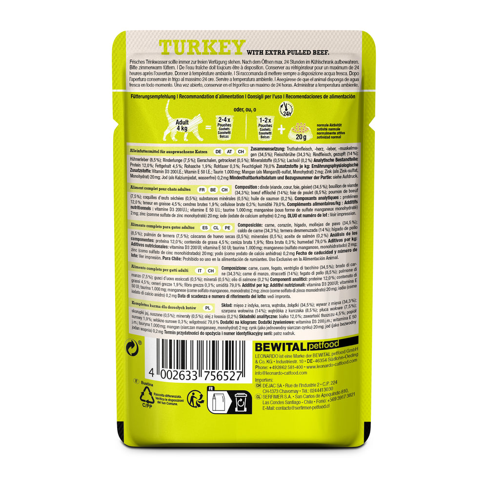Ingredientes y composición de la comida húmeda para gatos LEONARDO Turkey with Extra Pulled Beef con pavo y ternera desmenuzada