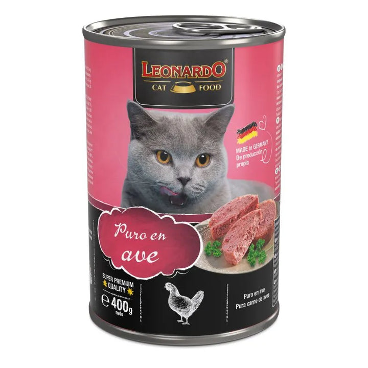 Detalle de lata Leonardo gato ave sin cereales ni azúcares añadidos