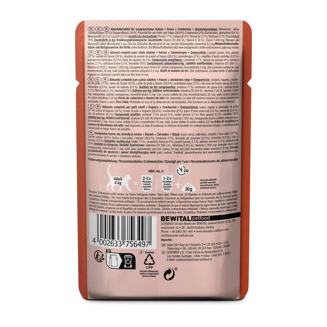 Parte trasera del pouch Leonardo Faisán con arándanos rojos mostrando ingredientes, análisis y recomendaciones de alimentación