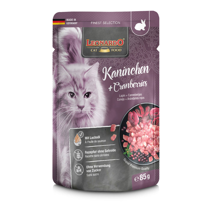 Comida húmeda para gatos Leonardo Finest Selection Conejo con arándanos rojos 85 g, receta natural sin cereales