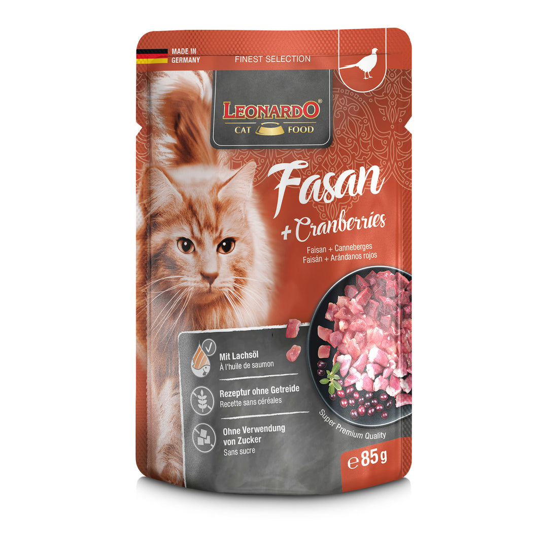 Comida húmeda para gatos Leonardo Finest Selection Faisán con arándanos rojos 85 g, receta natural sin cereales