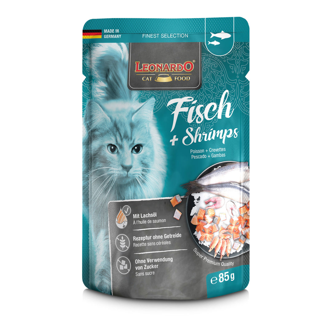 Comida húmeda para gatos Leonardo Finest Selection Pescado con gambas 85 g, receta natural sin cereales