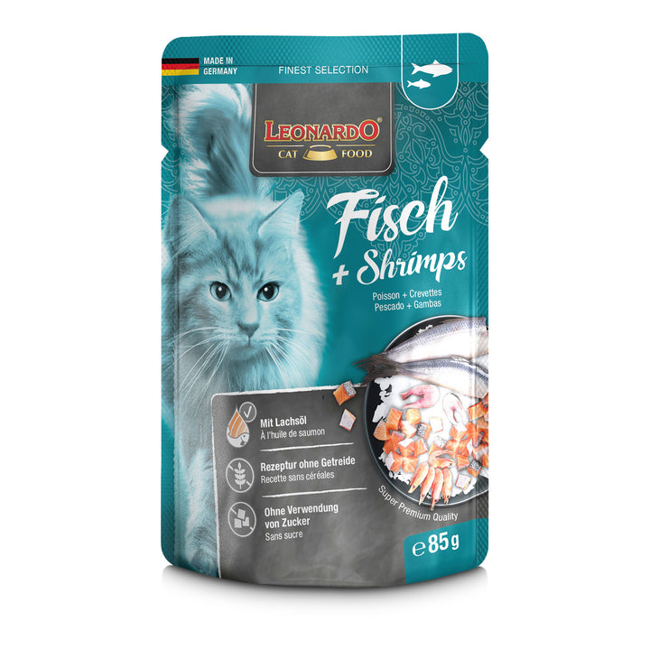 Comida húmeda para gatos Leonardo Finest Selection Pescado con gambas 85 g, receta natural sin cereales