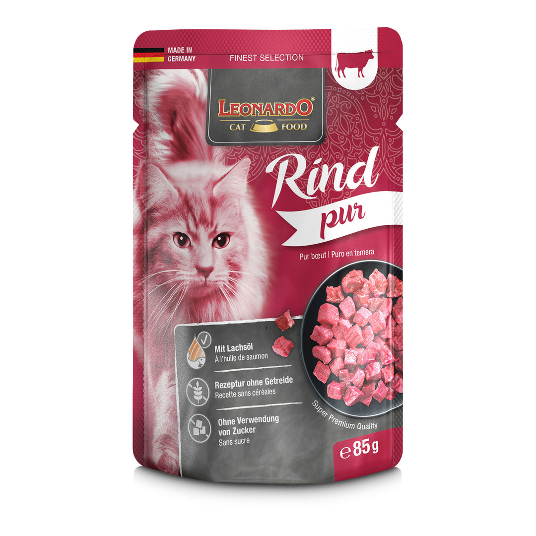 Comida húmeda para gatos Leonardo Finest Selection Ternera Pura 85 g, receta natural monoproteica sin cereales