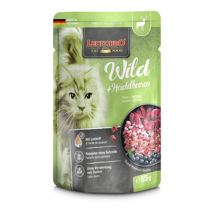 Comida húmeda para gatos Leonardo Finest Selection Venado con arándanos 85 g, receta natural sin cereales