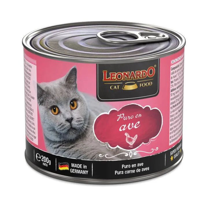 Lata de comida húmeda Leonardo para gatos adultos elaborada con carne fresca de ave
