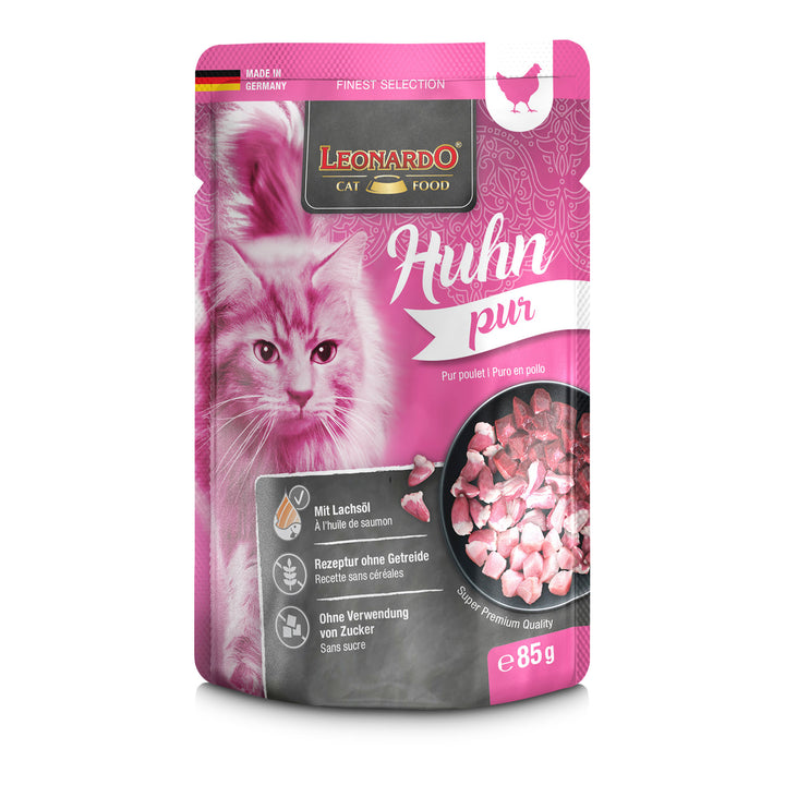 Comida húmeda para gatos Leonardo Huhn Pur con pollo, sin cereales, envase frontal de 85 g